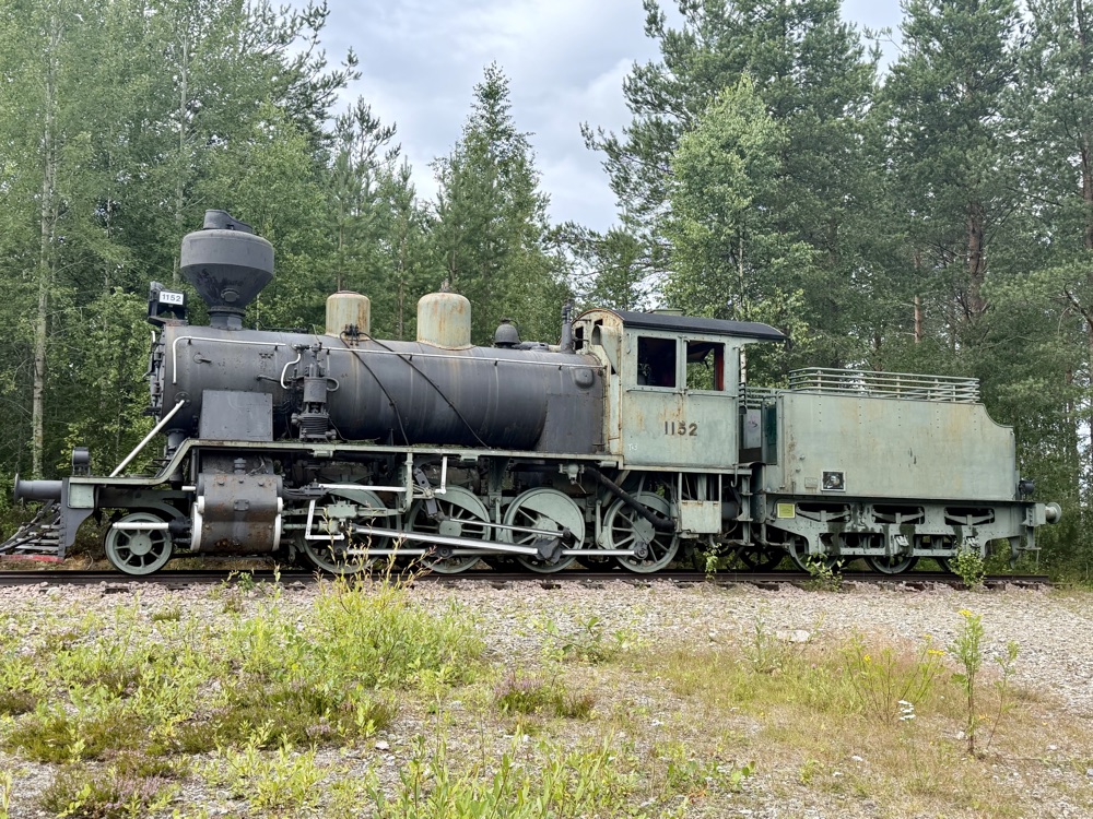 Alte schwarze Dampflokomotive mit der Nummer 1132 steht auf einem Gleisstück vor Bäumen