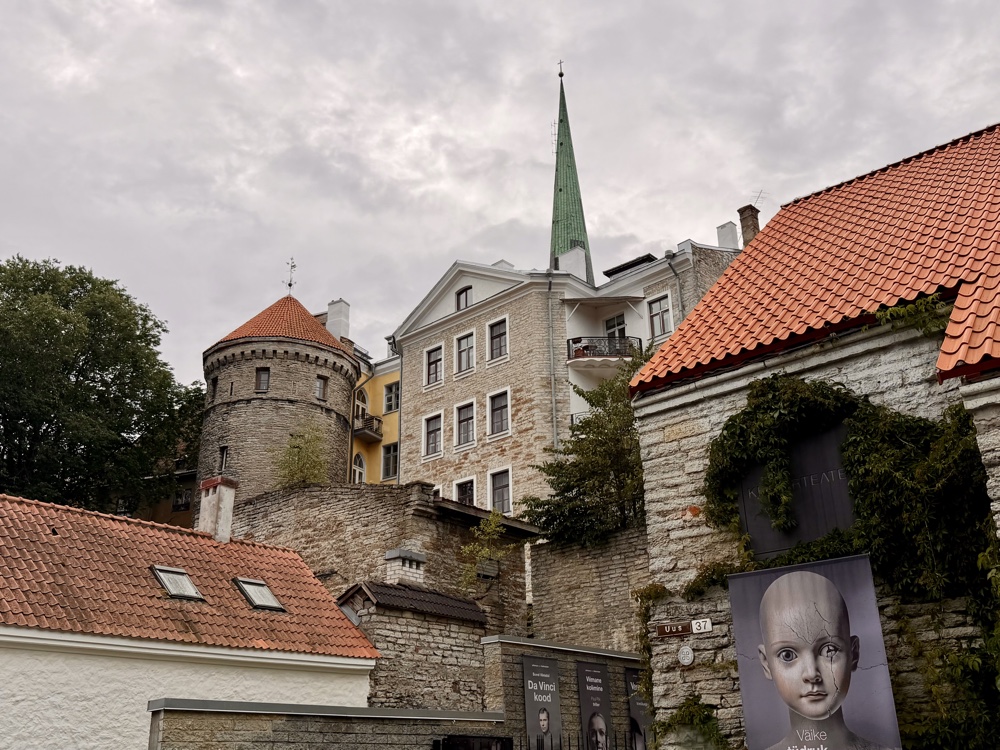Verwinkelte Häuser mit roten Ziegeldächern und einem grünen Kirchturm hinter der Stadtmauer