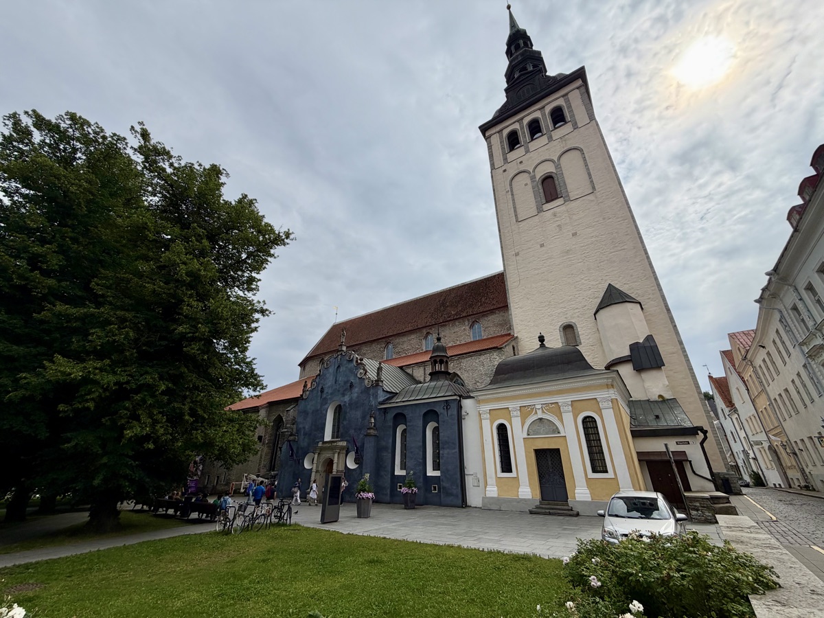 Weißer Kirchturm mit schwarzer Spitze hinter grünen Bäumen