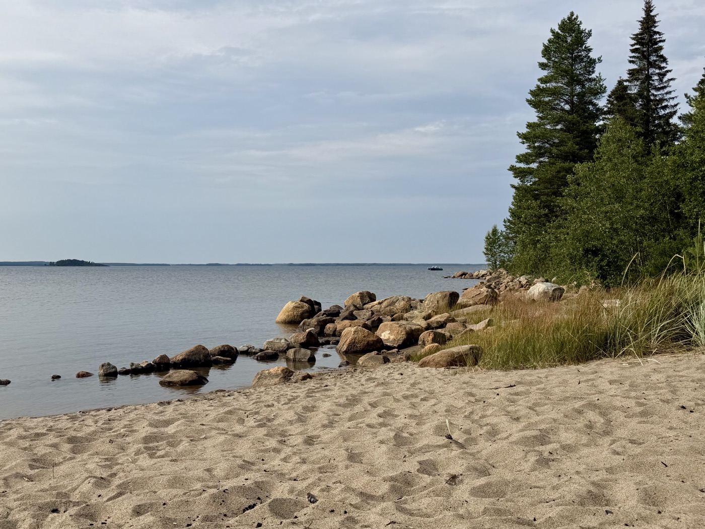 Sandstrand mit großen Findlingen am Wasser und Wald am Rand