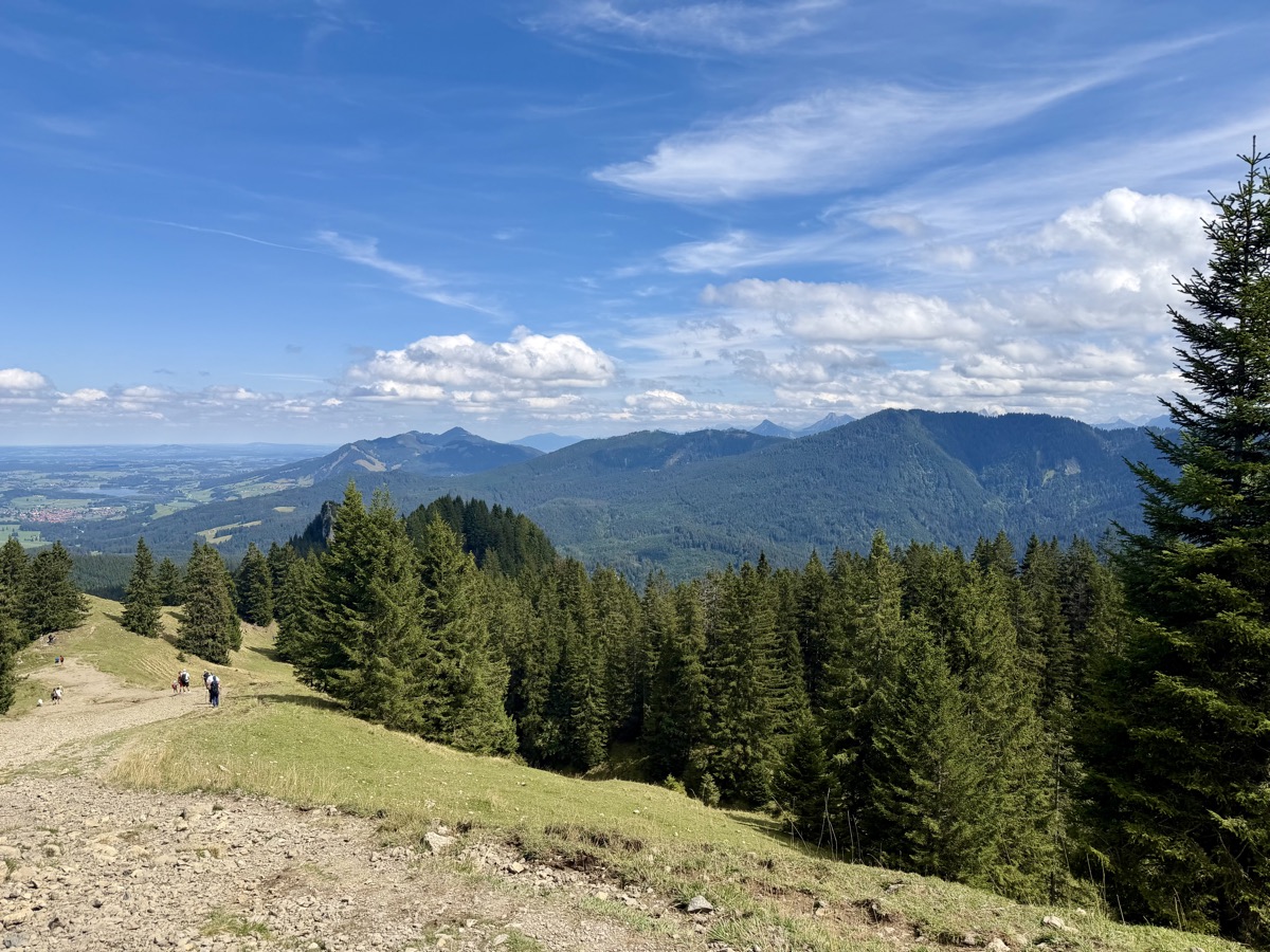 Schotterweg über eine Bergwiese mit Blick über bewaldete Hügel ins Flachland