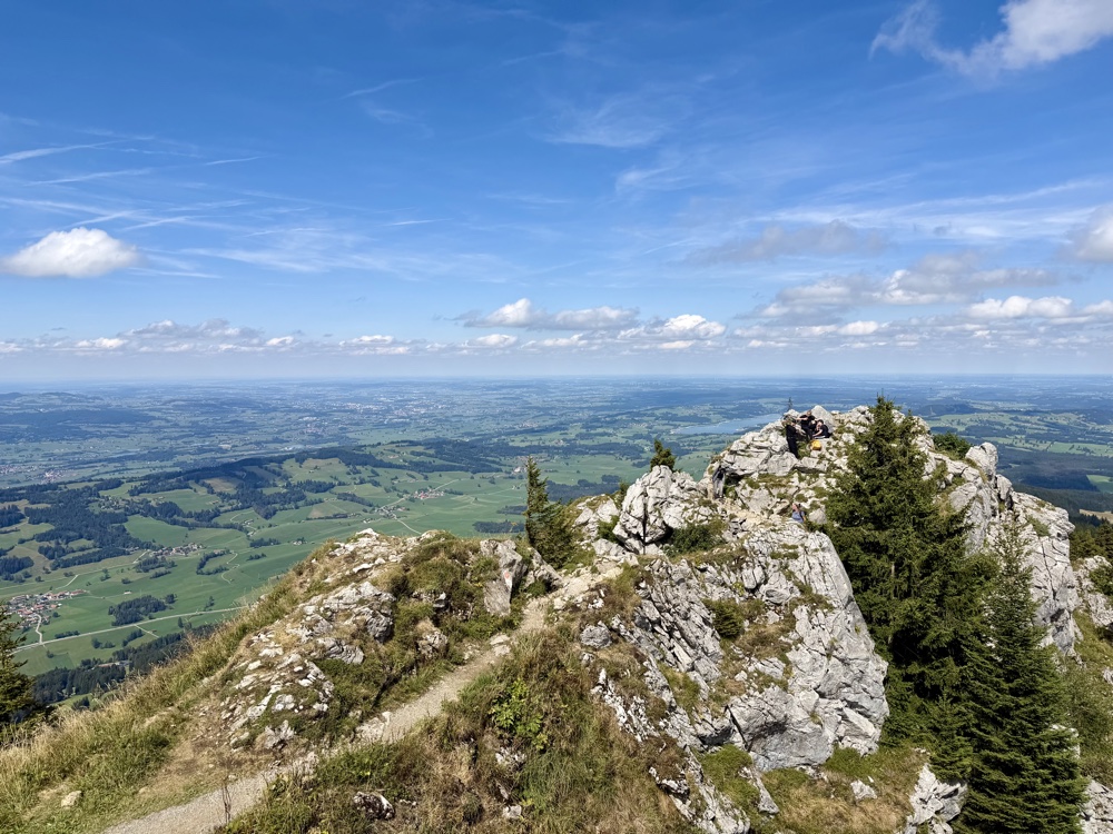 Felsiger Gipfelgrat mit Fichten und weitem Blick über das Alpenvorland