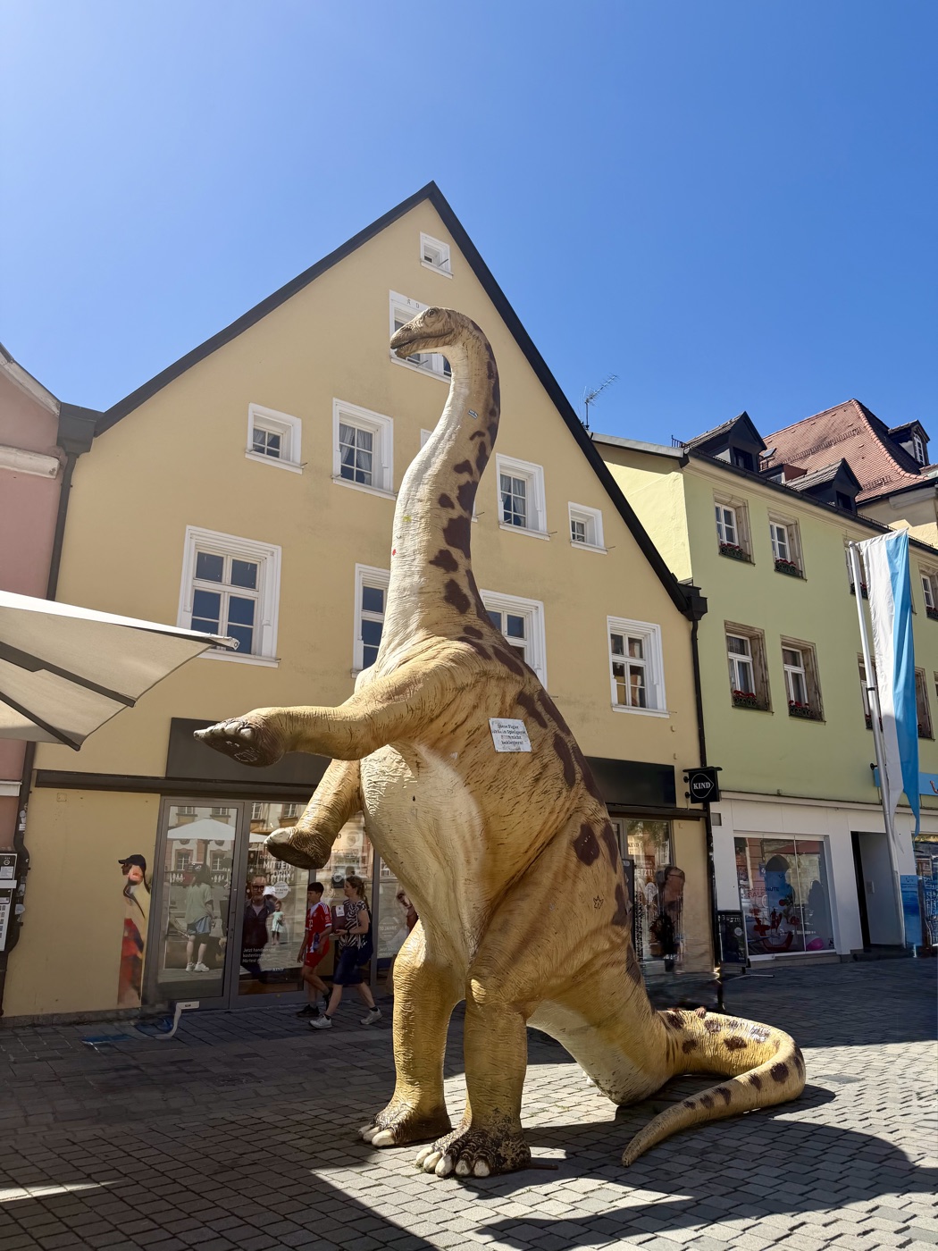 Großer Dinosaurier mit langem Hals steht vor einem gelben Haus in der Fußgängerzone